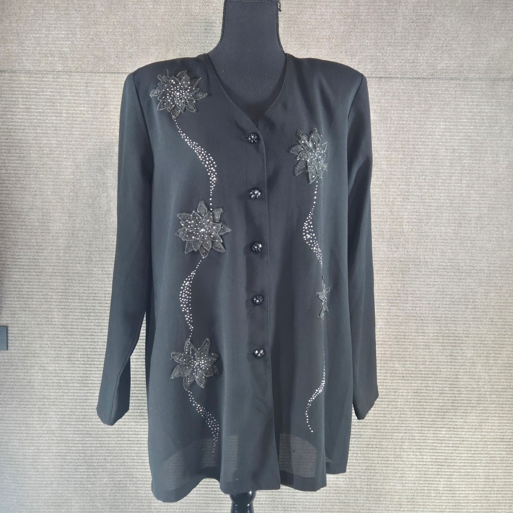 Tempest Women XL Black Floral Applique Rhinestone Sheer Button Front Tunic Shirt